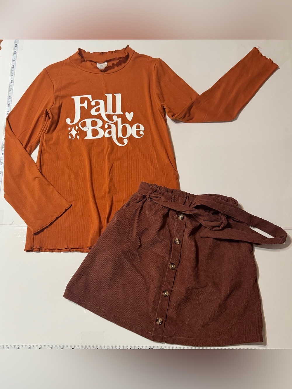 Girls βFall Babe" Orange & Brown Corduroy Skirt Set- 12/14years